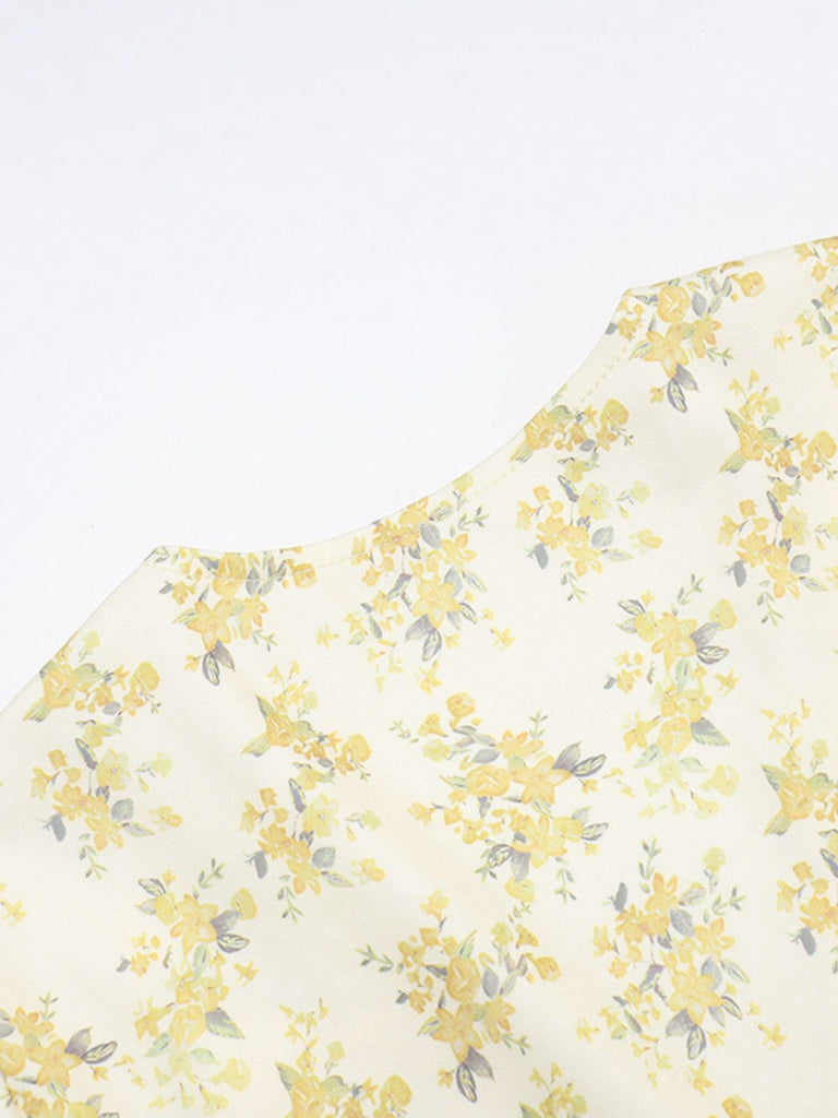 Yellow 1960s Floral Puff Sleeves V-Neck Dress