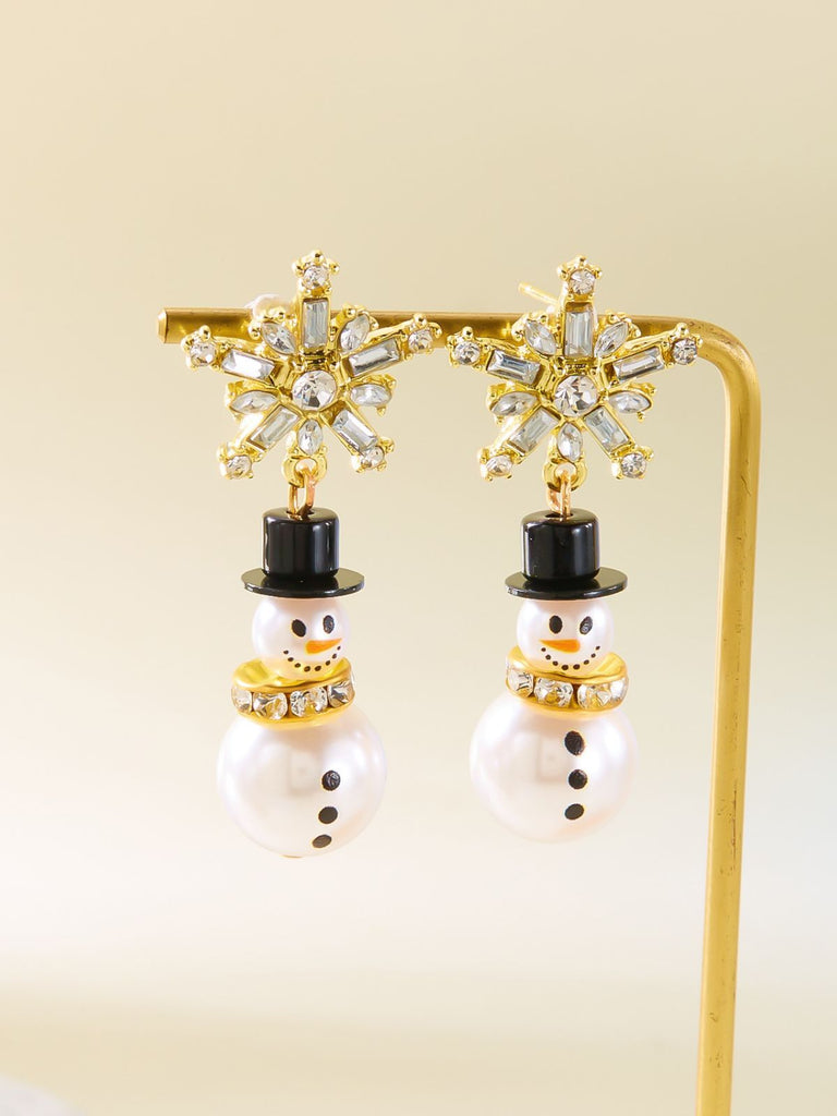 Christmas Rhinestone Snowflake Pearl Hat Snowman Stud Earrings