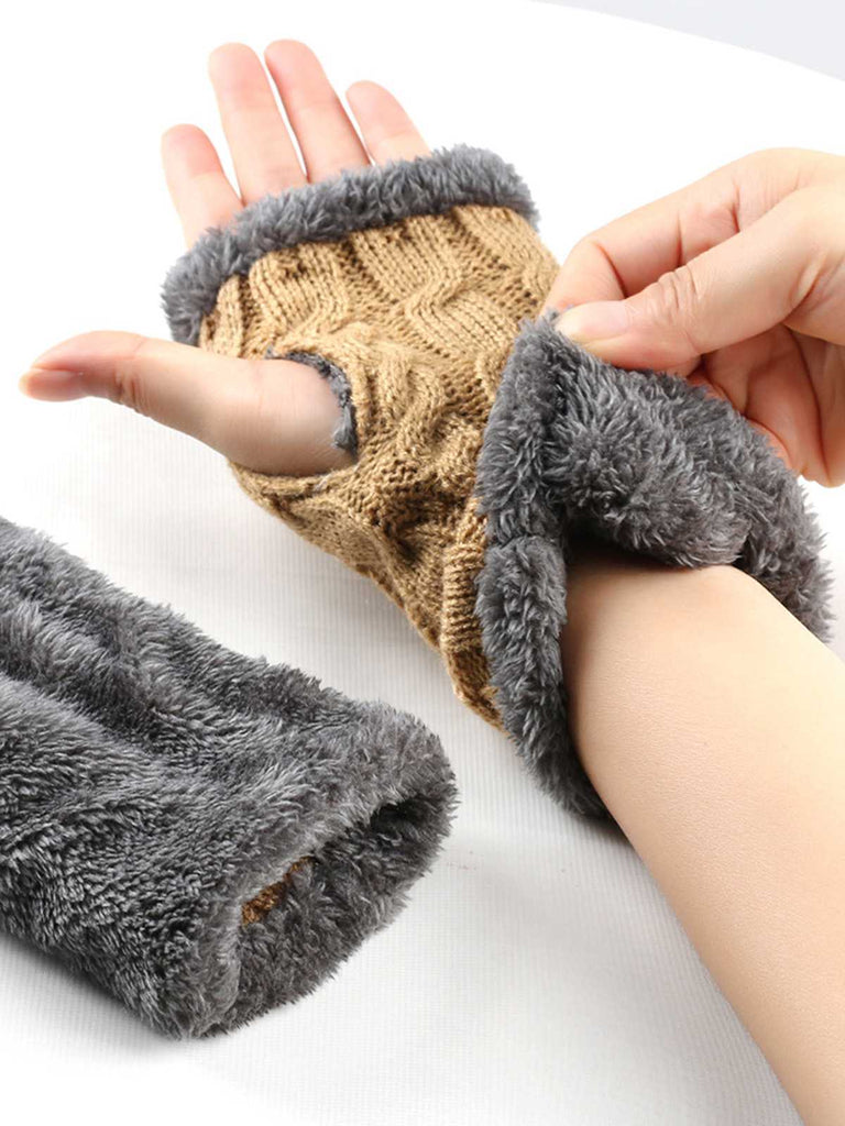 Winter Faux Fur Trim Knit Fingerless Gloves