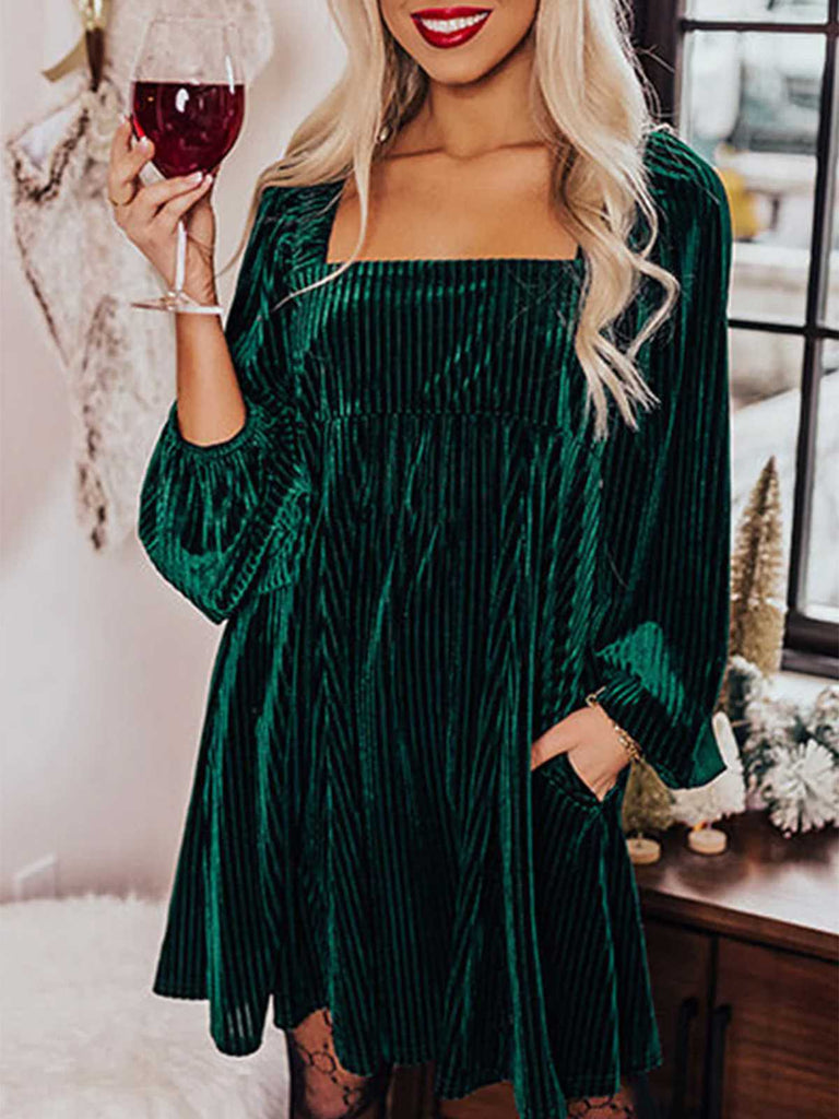 1960s Square Neck Puff Sleeve Velvet Babydoll Dress