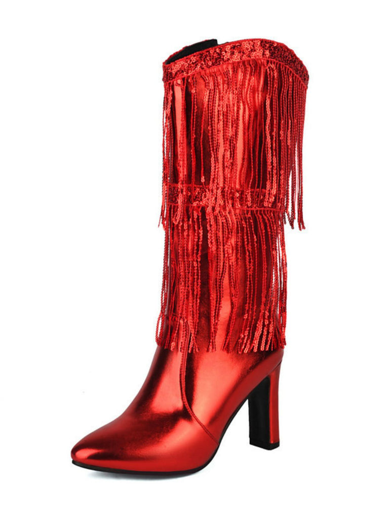 Metallic Pointed-Toe Fringed Disco Ankle Boots