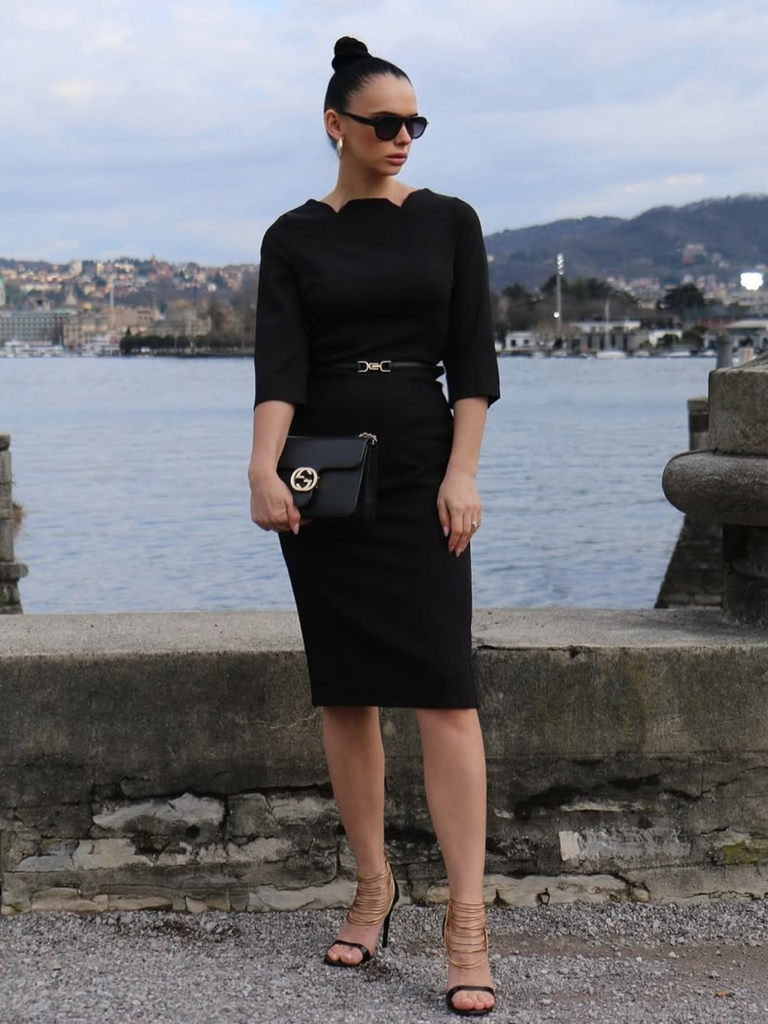 Black 1960s Solid Boat Neck Wrap Dress