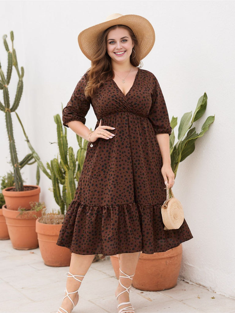 [Plus Size] 1950s V-neck Leopard Half Sleeve Dress