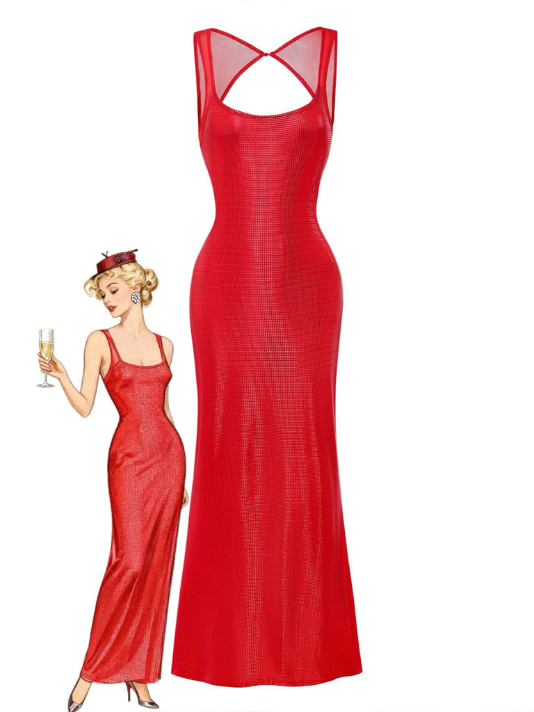 1980s Solid Sequined Mesh Buckle Square Neck Dress