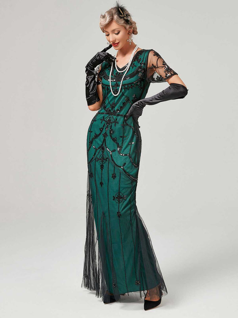 1920s V-Neck Sequined Mesh Mermaid Formal Dress
