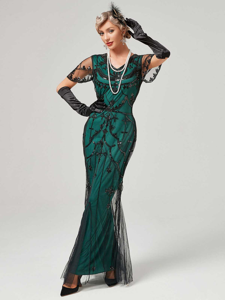 1920s V-Neck Sequined Mesh Mermaid Formal Dress