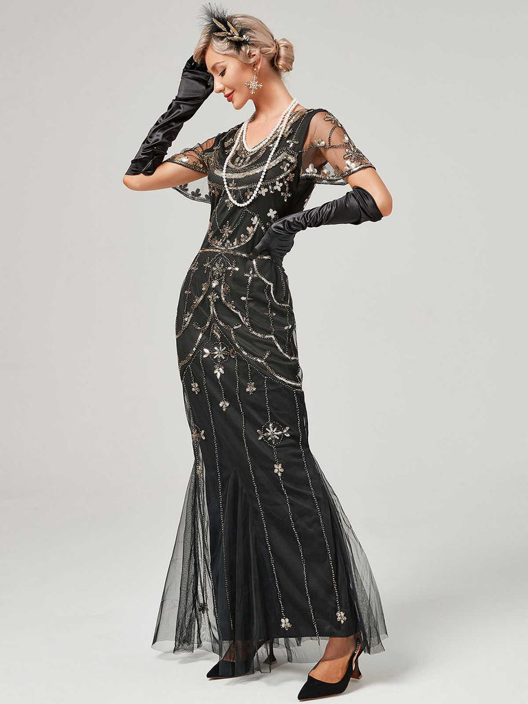 1920s V-Neck Sequined Mesh Mermaid Formal Dress