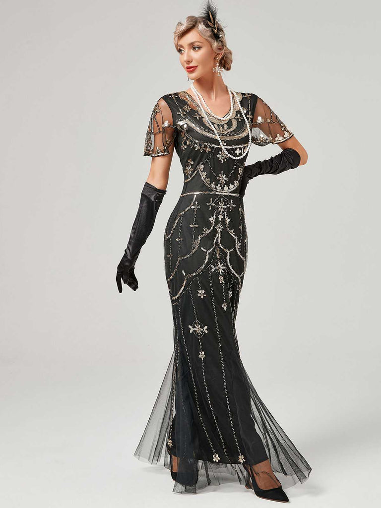 1920s V-Neck Sequined Mesh Mermaid Formal Dress