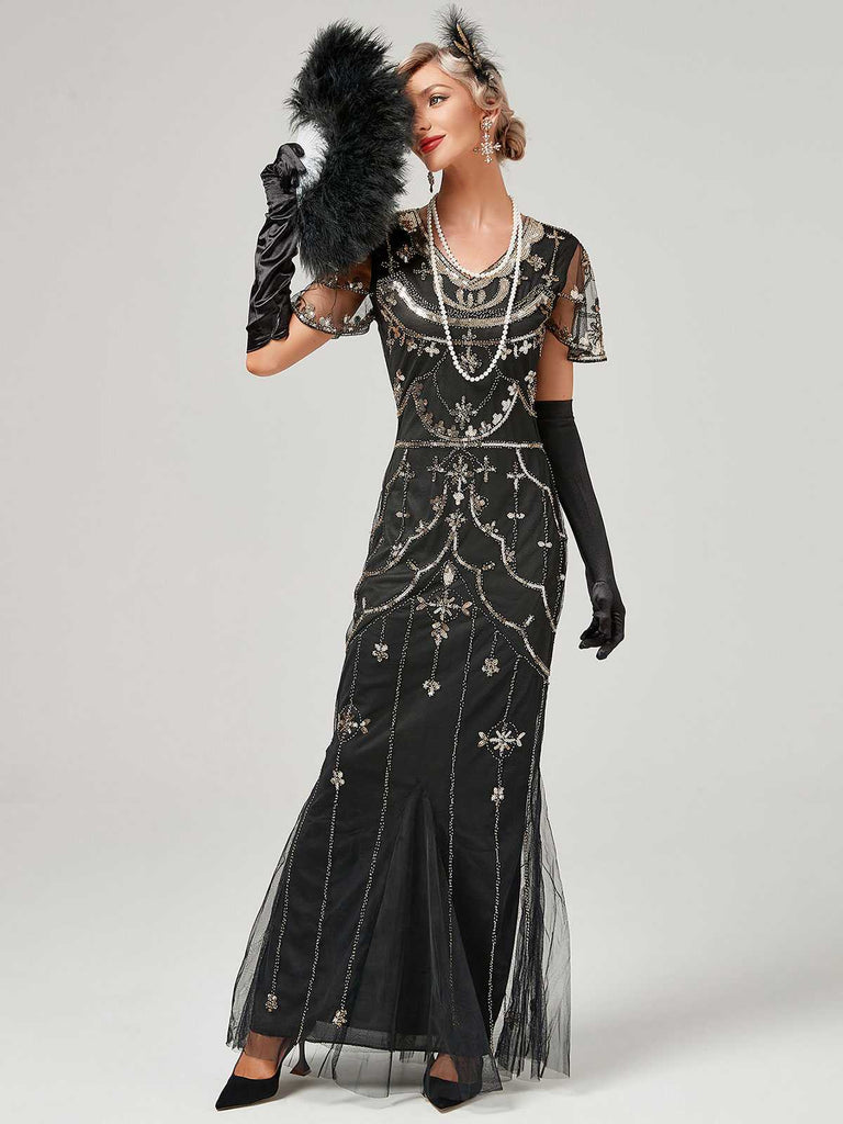 1920s V-Neck Sequined Mesh Mermaid Formal Dress
