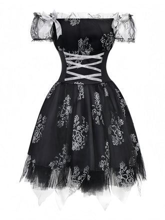 Black 1970s Vampire Bride Off-Shoulder Mesh Dress