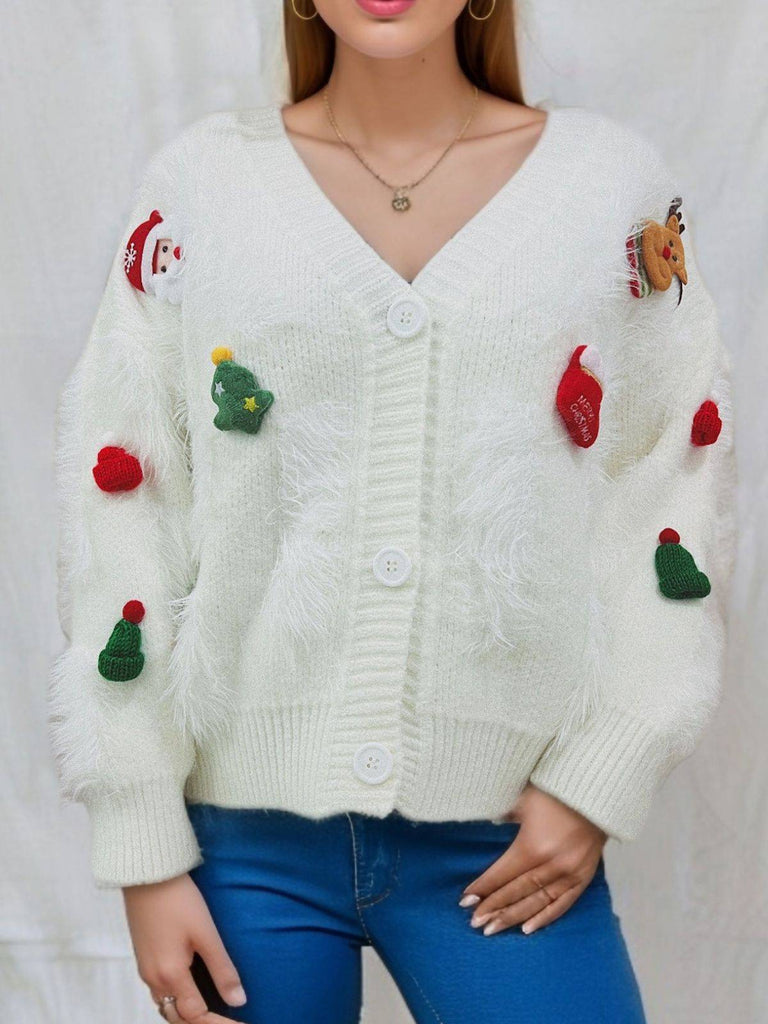 1970s 3D Christams Print Fluffy Knit Button Cardigan