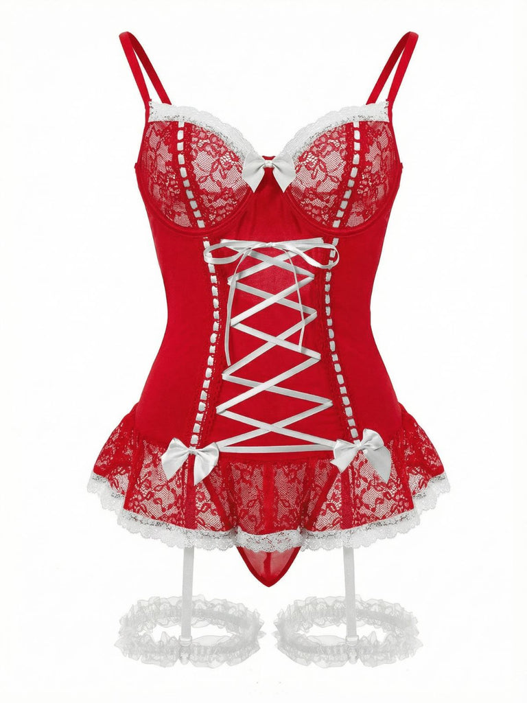 1970s Contrasted Lace Mesh Bow Lace-Up Lingerie Set