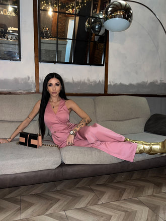 Pink 1950s Sleeveless Buttoned Solid Jumpsuit