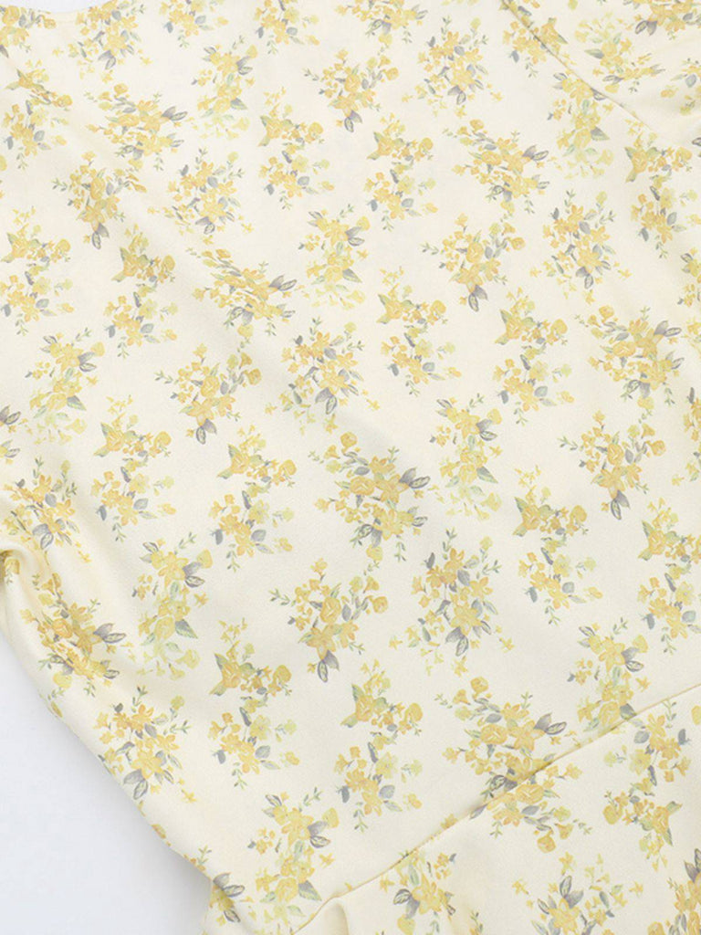 Yellow 1960s Floral Puff Sleeves V-Neck Dress
