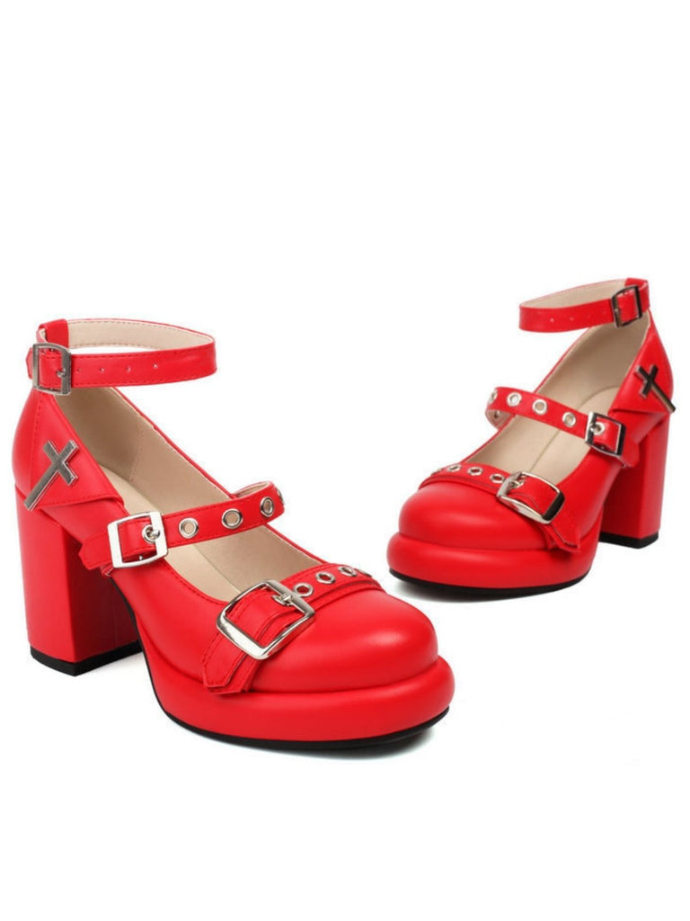 Punk Cross Buckle Ankle Strap Chunky High Heels