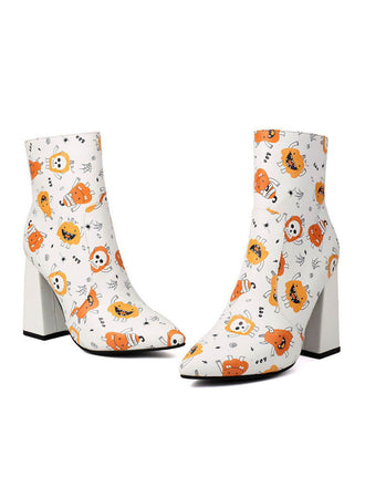 Halloween Cartoon Print Chunky Heel Ankle Boots