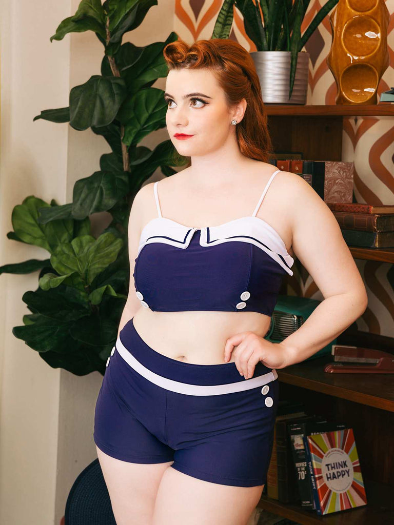 Navy Blue 1950s Spaghetti Buttons Swimsuit