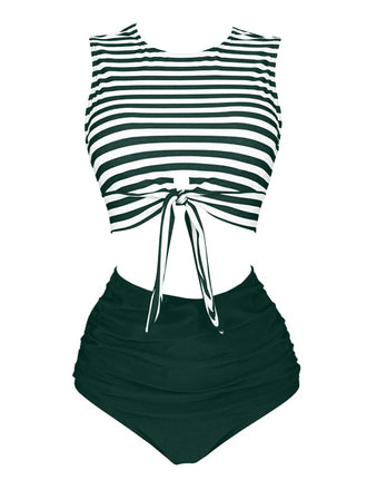 Green 1970s Striped Waist Tie Patchwork Swimsuit