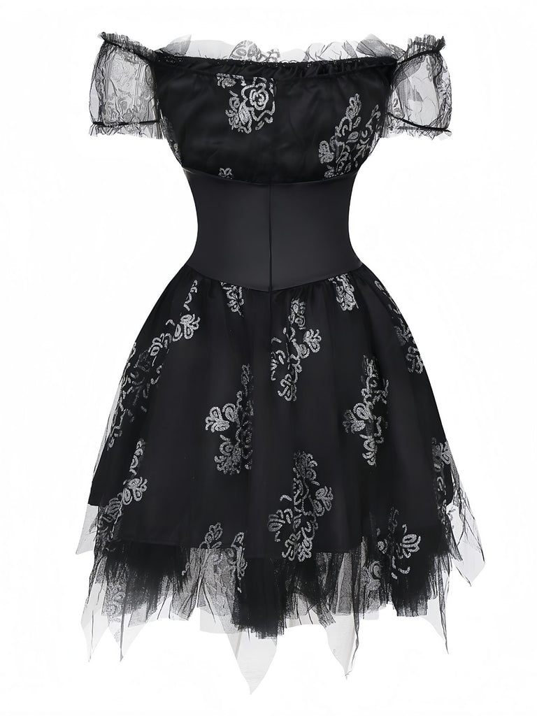 Black 1970s Vampire Bride Off-Shoulder Mesh Dress