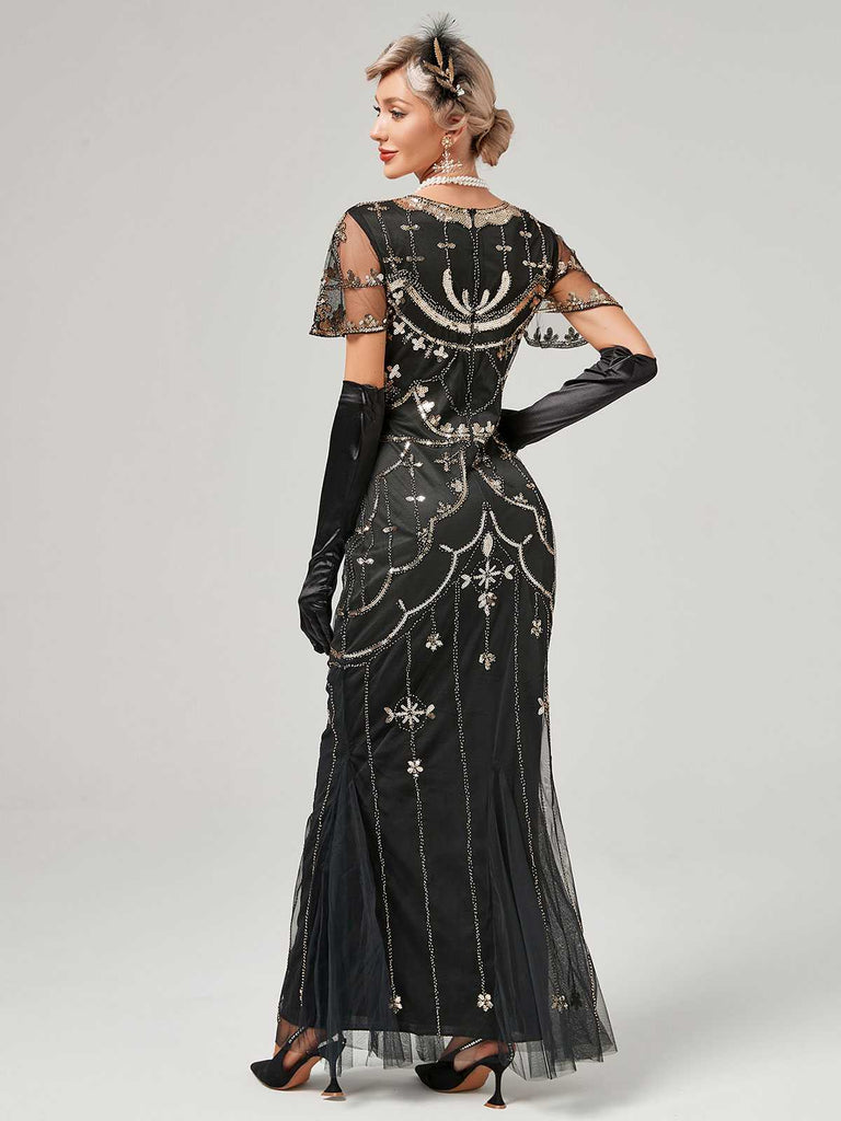 1920s V-Neck Sequined Mesh Mermaid Formal Dress