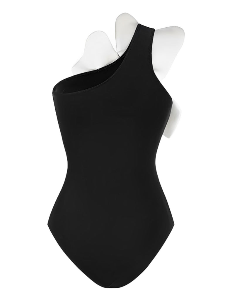 Black 1930s 3D Pearl Floral One-Piece Swimsuit