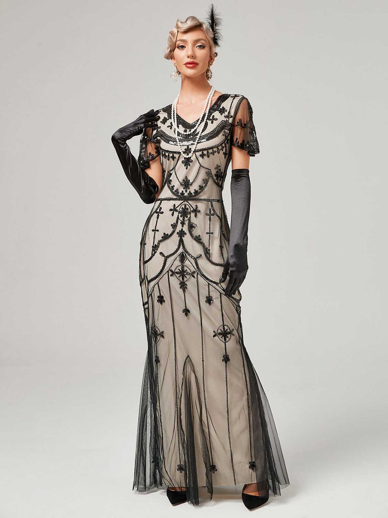 1920s V-Neck Sequined Mesh Mermaid Formal Dress