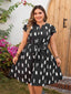 [Plus Size] Black 1950s Geometric Print Belted Dress