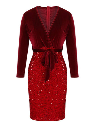 Red 1960s Velvet Sequined Patchwork Pencil Dress