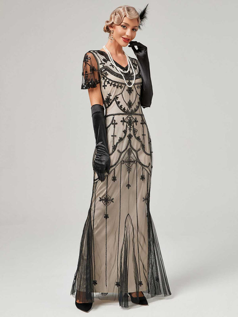 1920s V-Neck Sequined Mesh Mermaid Formal Dress