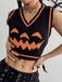 Black 1970s Halloween Pumpkin Face Sweater Vest