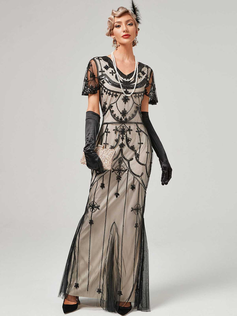 1920s V-Neck Sequined Mesh Mermaid Formal Dress
