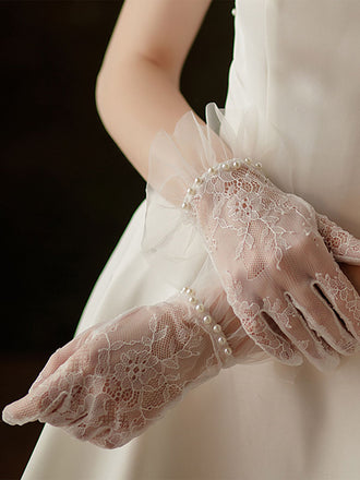 Pearl Sutured Chiffon Lace Gloves