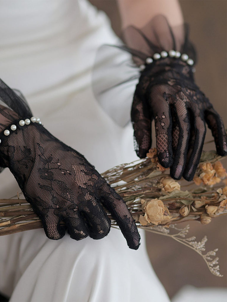 Pearl Sutured Chiffon Lace Gloves