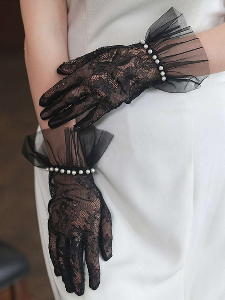 Pearl Sutured Chiffon Lace Gloves