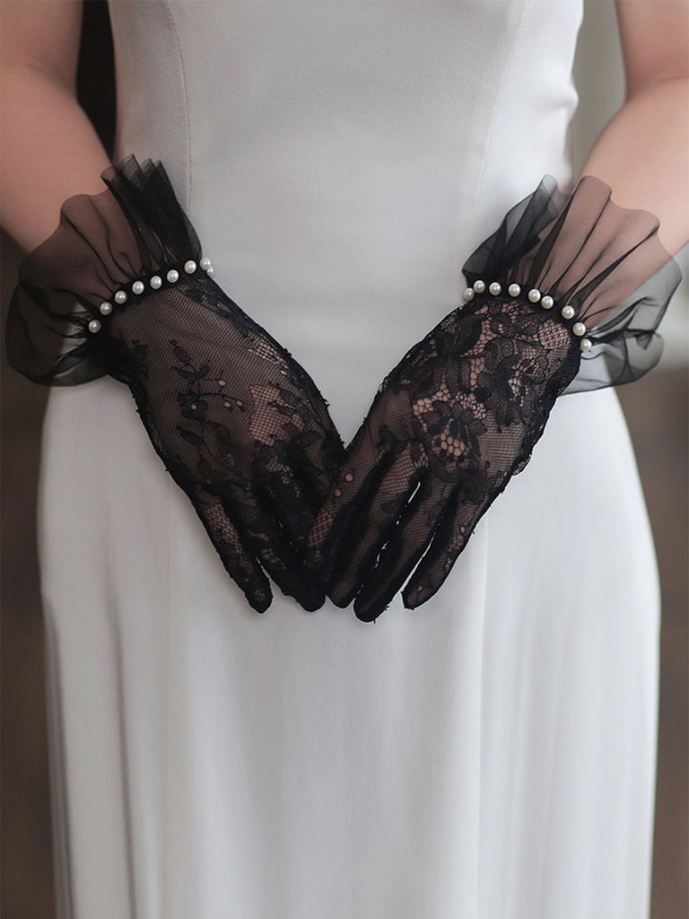 Pearl Sutured Chiffon Lace Gloves