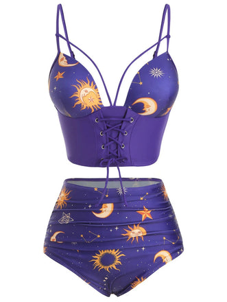 Purple 1940s Sun Moon Stars Lace-Up Swimsuit