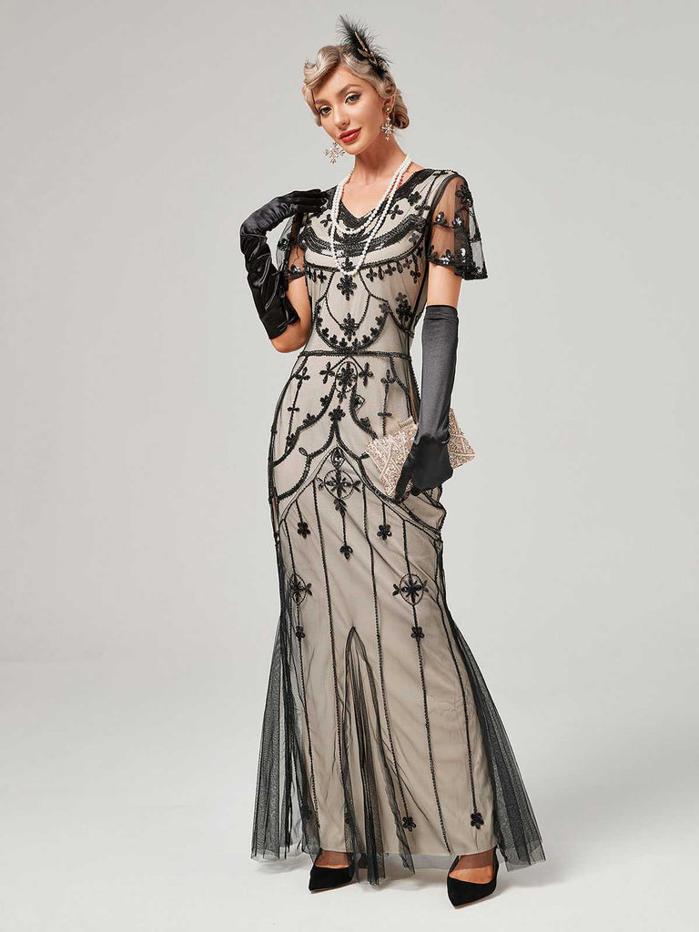 1920s V-Neck Sequined Mesh Mermaid Formal Dress