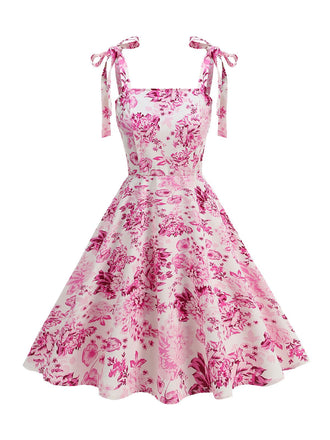 Pink 1950s Floral Lace-Up Swing Dress