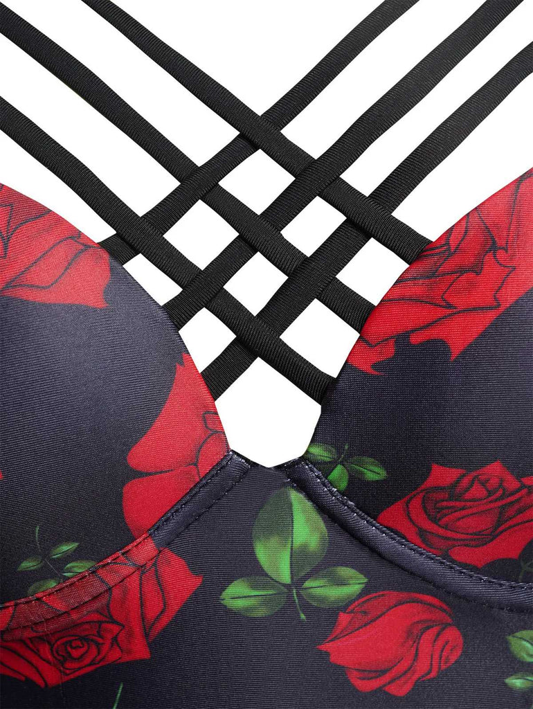 Black 1980s Strap Roses Gothic Bikini Set