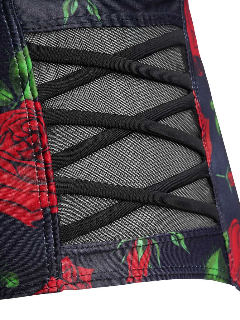 Black 1980s Strap Roses Gothic Bikini Set