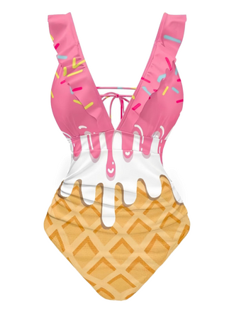 Pink 1970s Ruffled Tie Back Ice-Cream Swimsuit