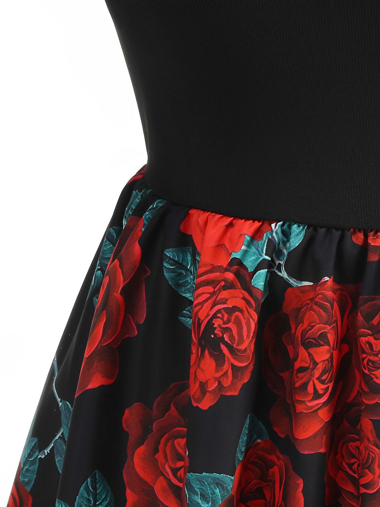 Red 1950s Rose Sleeveless Patchwork Dress