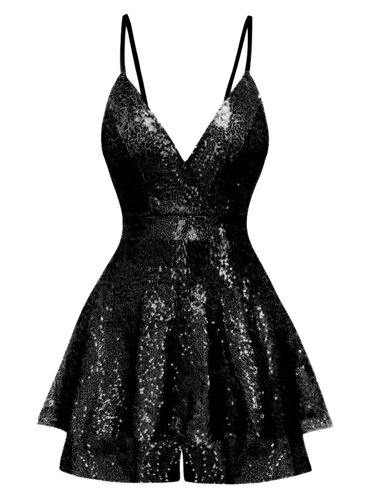 1960s Sequined Strappy V-Neck Culotte Romper