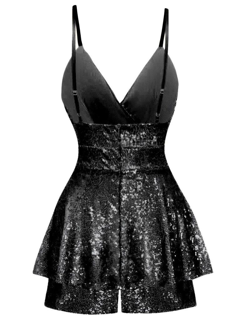 1960s Sequined Strappy V-Neck Culotte Romper