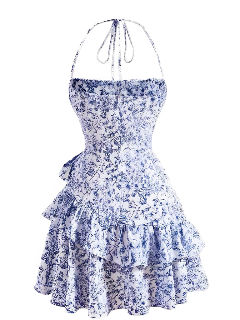 1970s Halter Tiered Ruffle Floral Dress