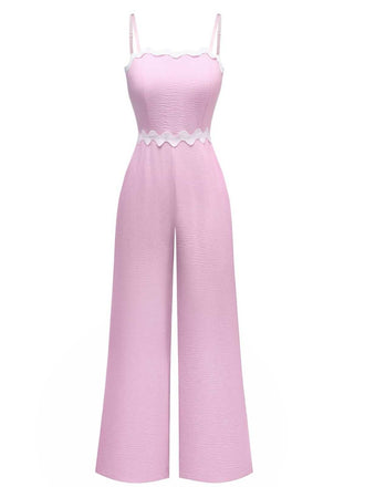 1970s Wave-Trim Spaghetti Strap Wide Leg Jumpsuit