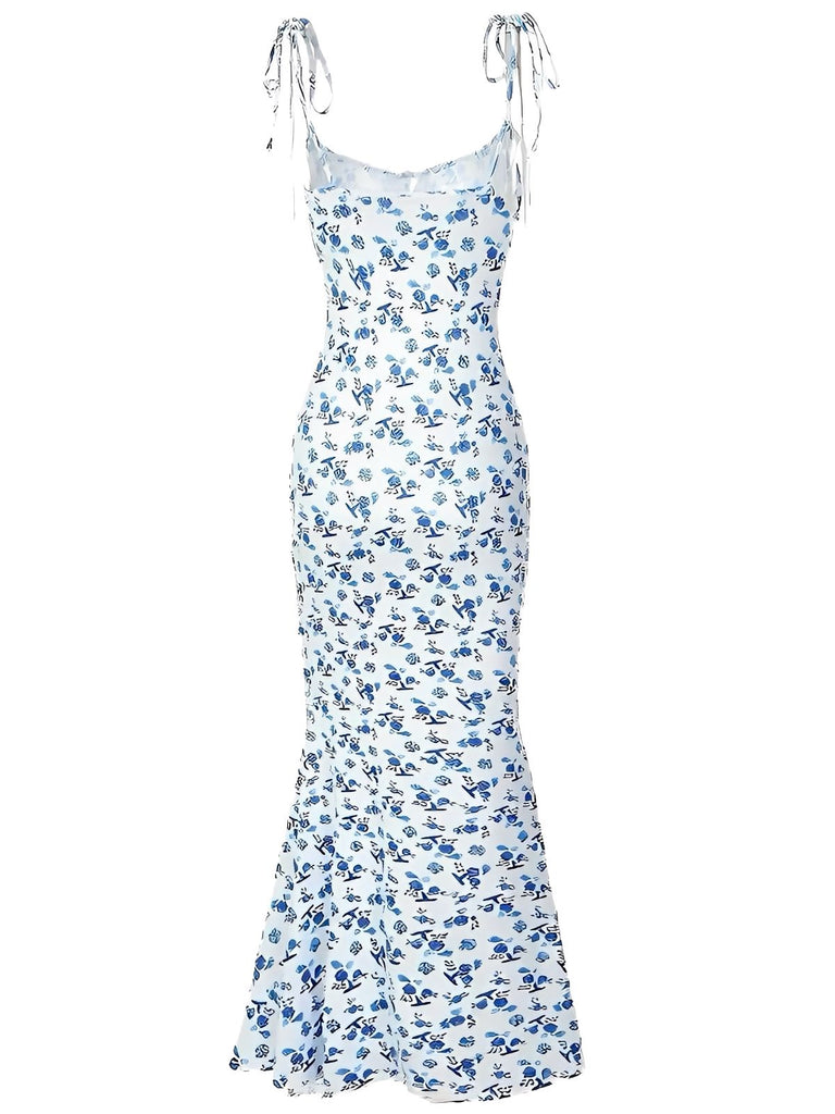 Blue 1930s Ditsy Floral Spaghetti Strap Fishtail Dress