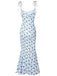 Blue 1930s Ditsy Floral Spaghetti Strap Fishtail Dress
