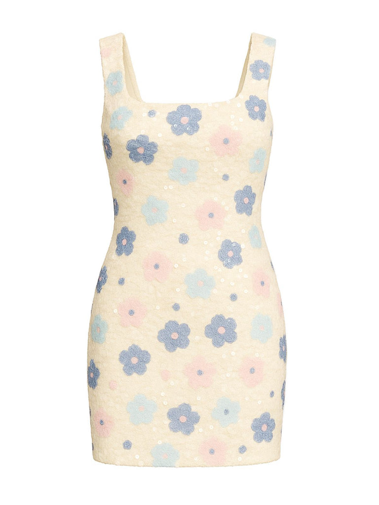 1980s Colorful Floral Sequined Slit Bodycon Dress