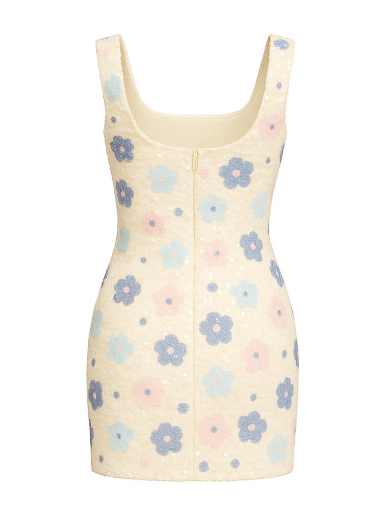 1980s Colorful Floral Sequined Slit Bodycon Dress